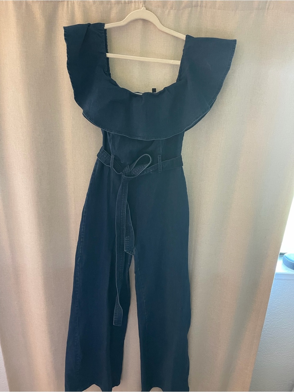 Vici Navy Off-Shoulder Wide-Leg Jumpsuit with Tie Belt